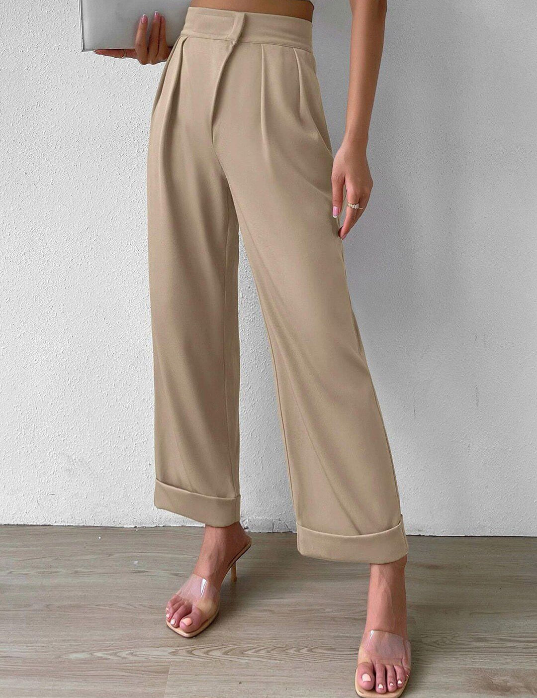 Kotty Women Beige Relaxed Straight Fit High-Rise Easy Wash Pleated Trousers