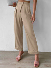 Kotty Women Beige Relaxed Straight Fit High-Rise Easy Wash Pleated Trousers
