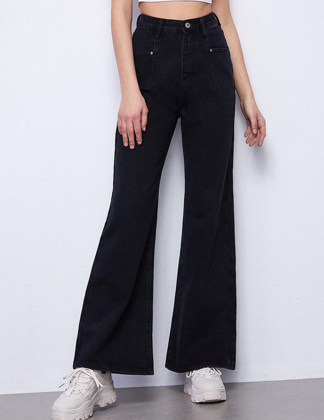 Kotty Women Black Jean Flared High-Rise Low Distress Stretchable Jeans