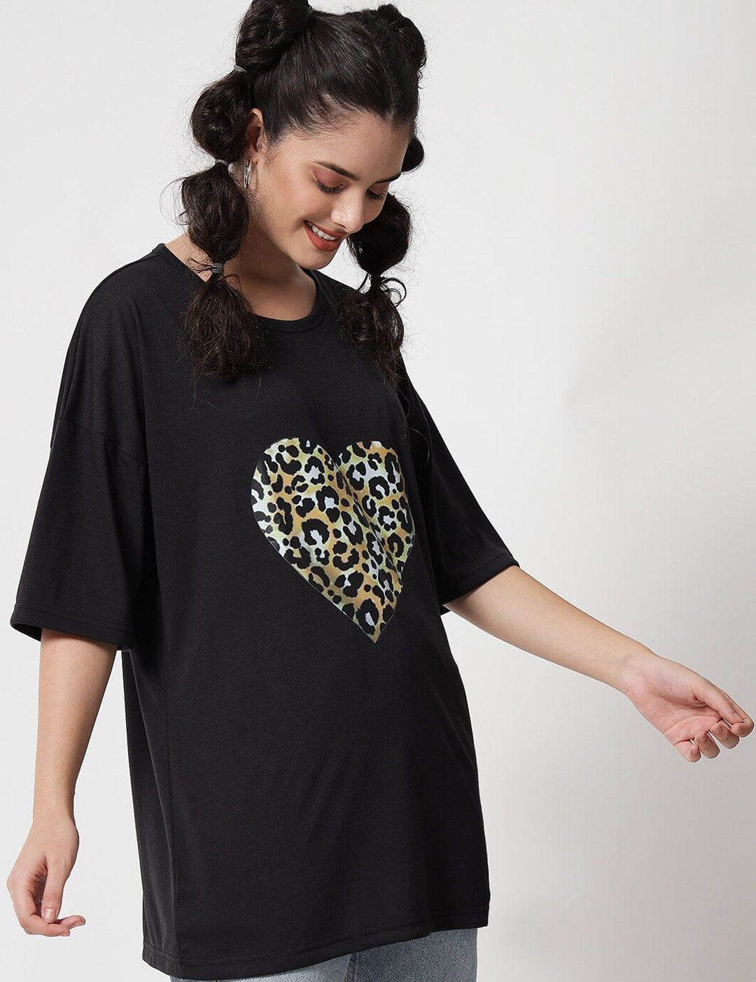 Kotty Women Black Typography Printed Oversized T-shirt