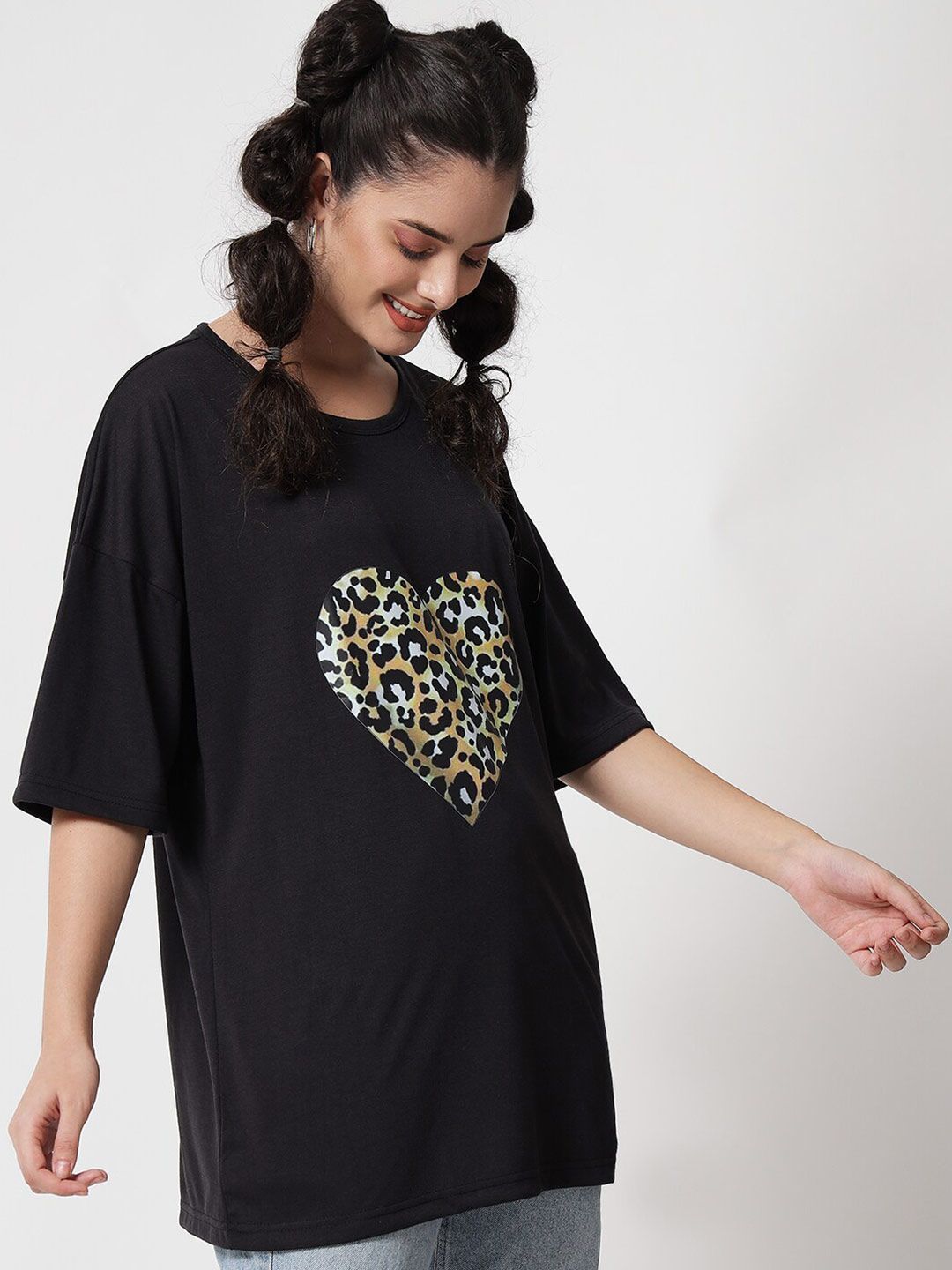 Kotty Women Black Typography Printed Oversized T-shirt