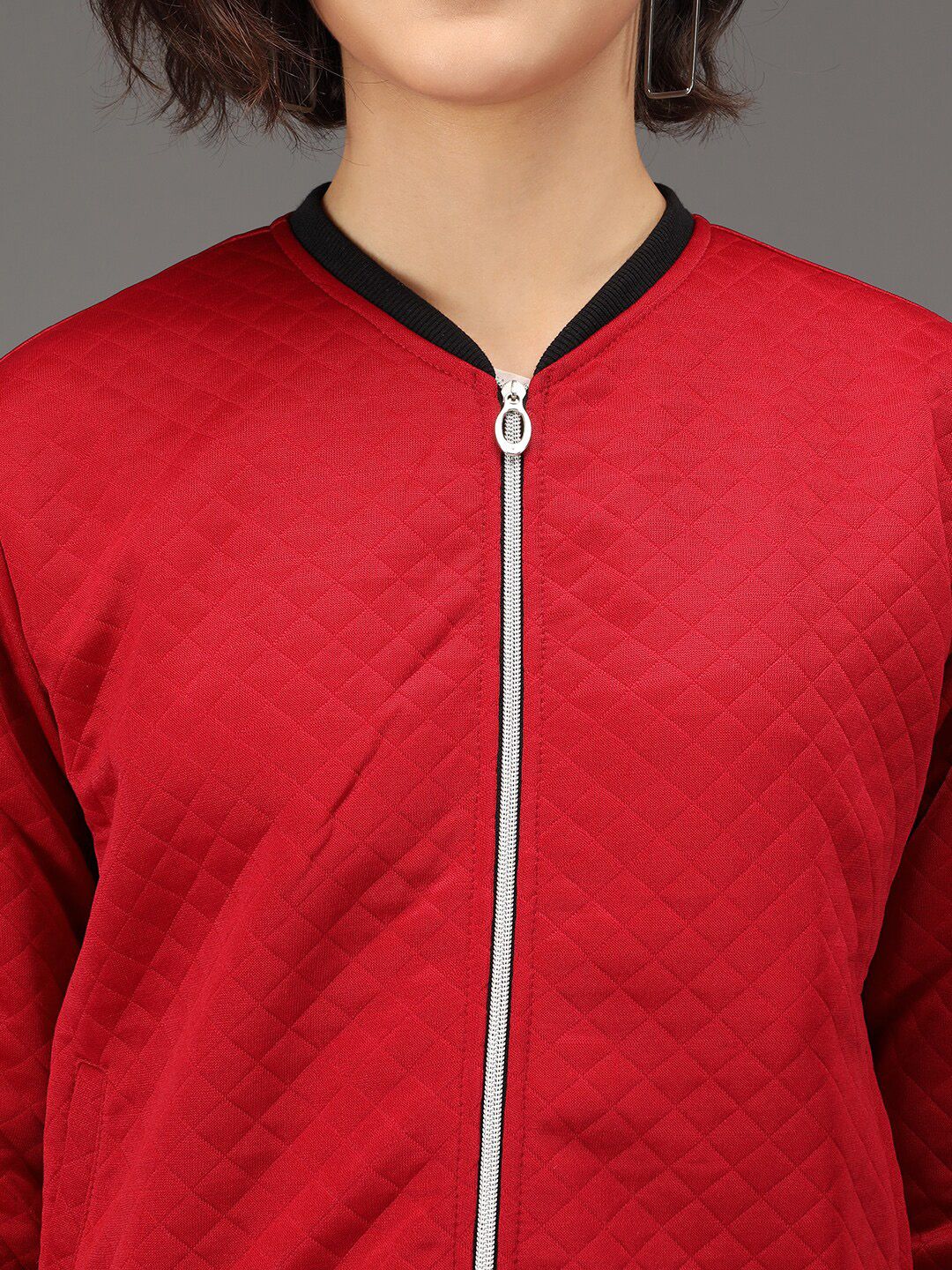 Kotty Women Maroon & Black Geometric Checked Quilted Lightweight Bomber Jacket