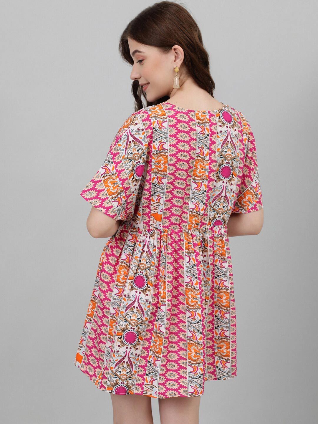 Kotty Pink & White Ethnic Motifs Printed Flared Sleeves Empire Mini Dress