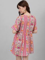 Kotty Pink & White Ethnic Motifs Printed Flared Sleeves Empire Mini Dress