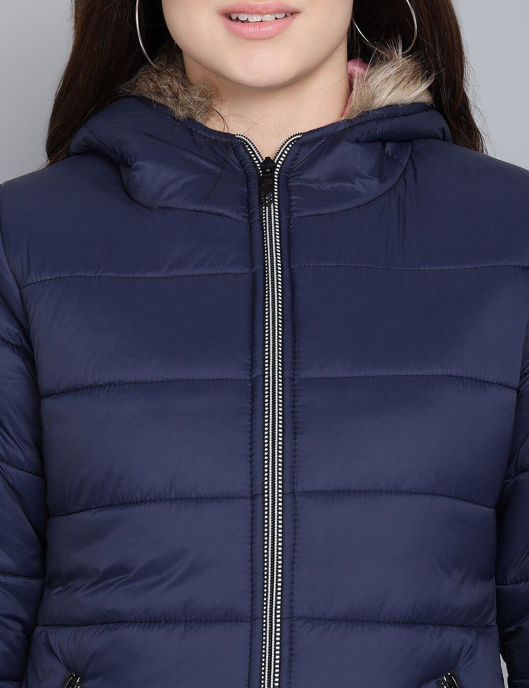 Kotty Women Blue Outdoor Hooded Faux Fur Puffer Jacket