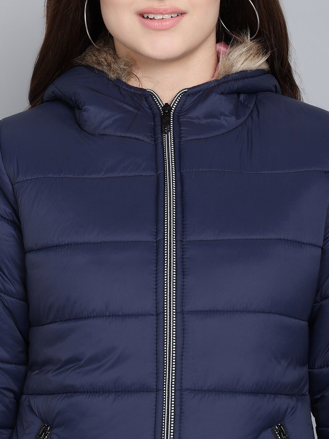 Kotty Women Blue Outdoor Hooded Faux Fur Puffer Jacket