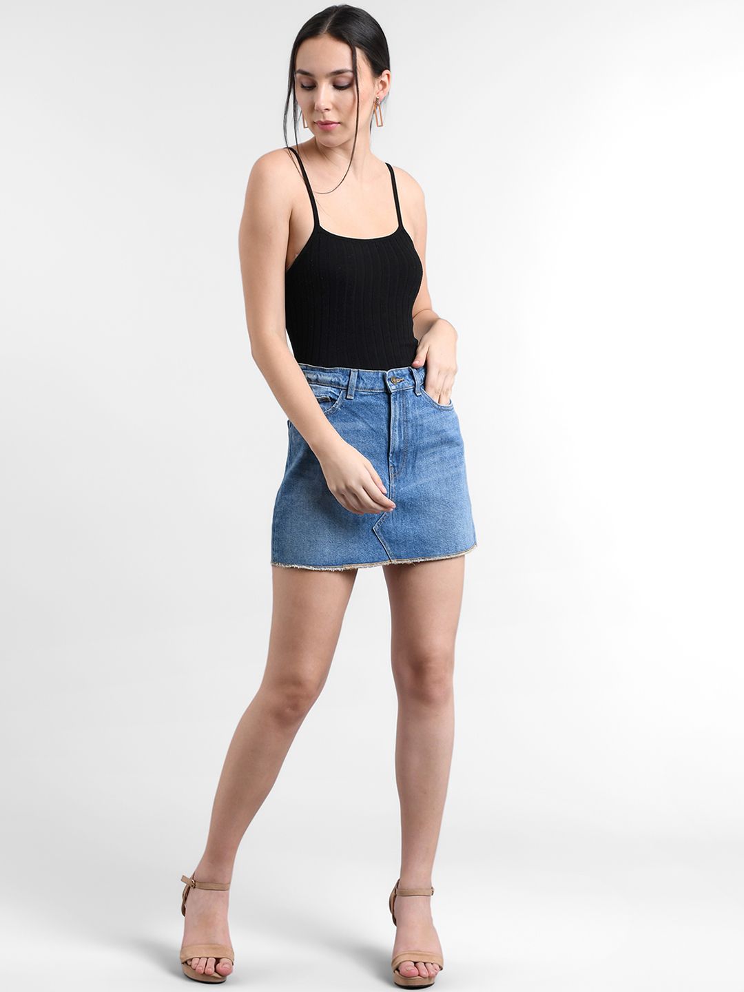 Kotty Women Blue Solid Denim A-Line Mini Skirt