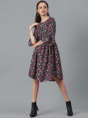 Kotty Black & Red Floral Printed Flared Sleeves Crepe Gathered Fit & Flare Dress