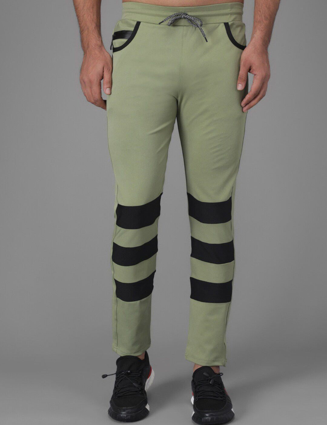 Kotty Men Olive Green & Black Striped Track Pants