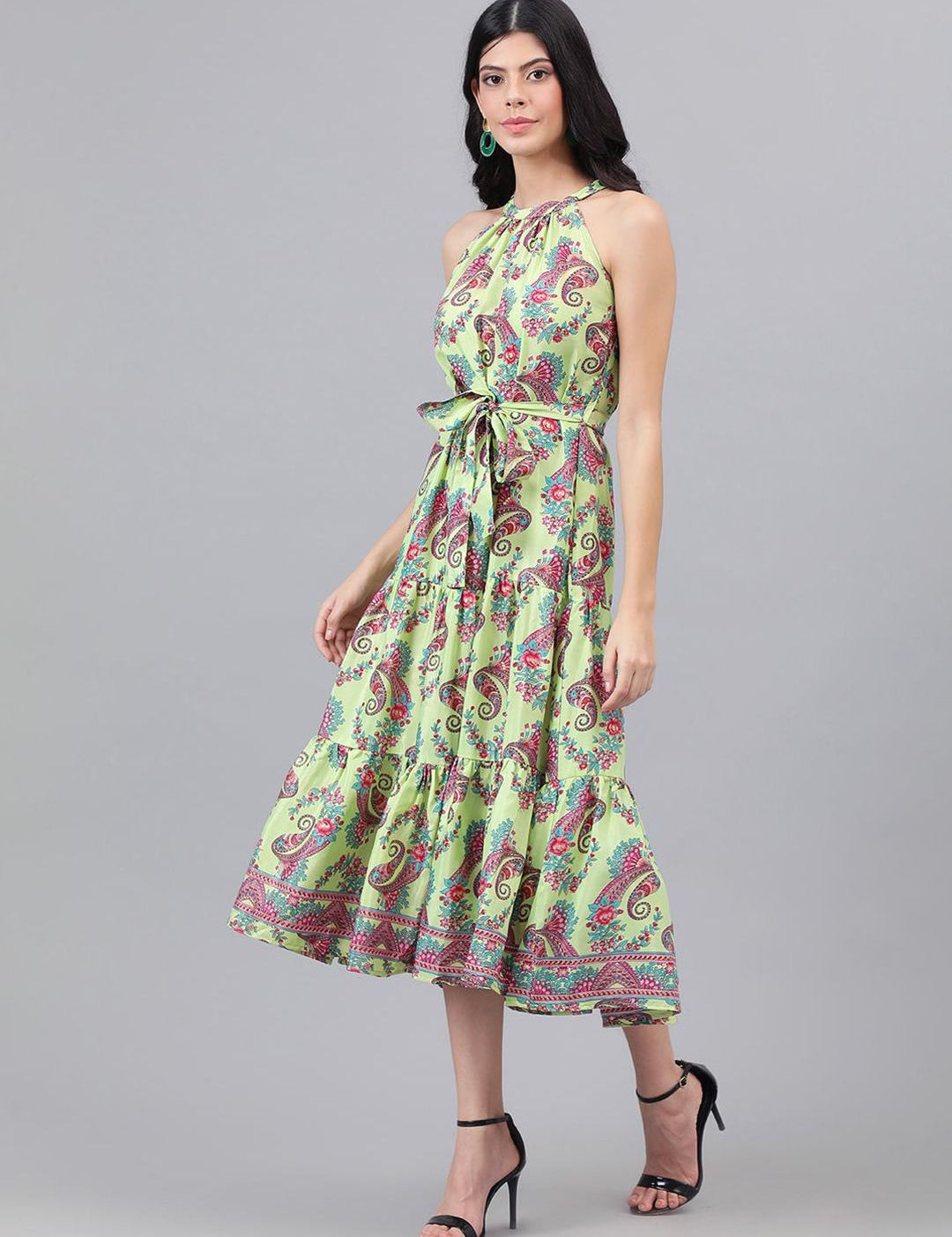 Kotty Green And Maroon Paisley Printed Halter Neck Tiered Fit & Flare Midi Dress