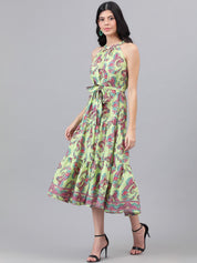 Kotty Green And Maroon Paisley Printed Halter Neck Tiered Fit & Flare Midi Dress