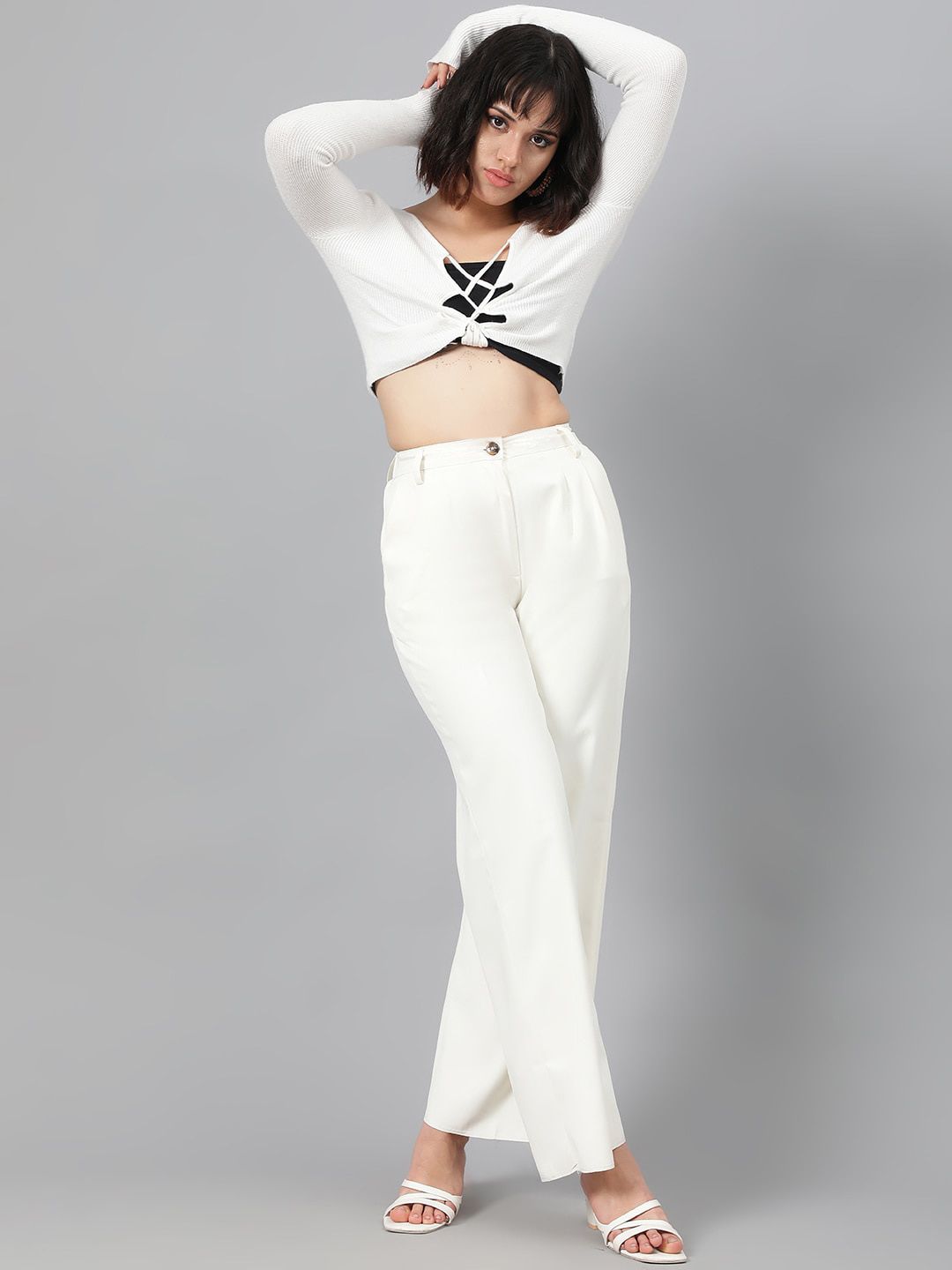 Kotty Women White Relaxed Straight Leg Fit High-Rise Easy Wash Parallel Trousers