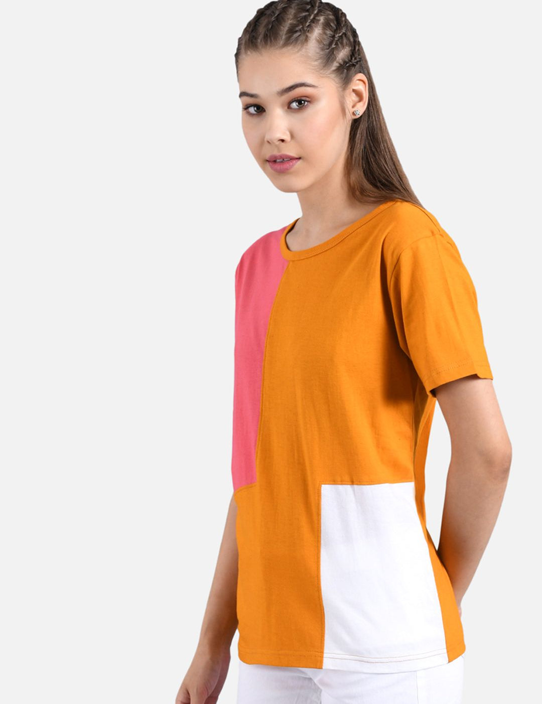 Kotty Women Orange & Pink Colourblocked Round Neck T-shirt