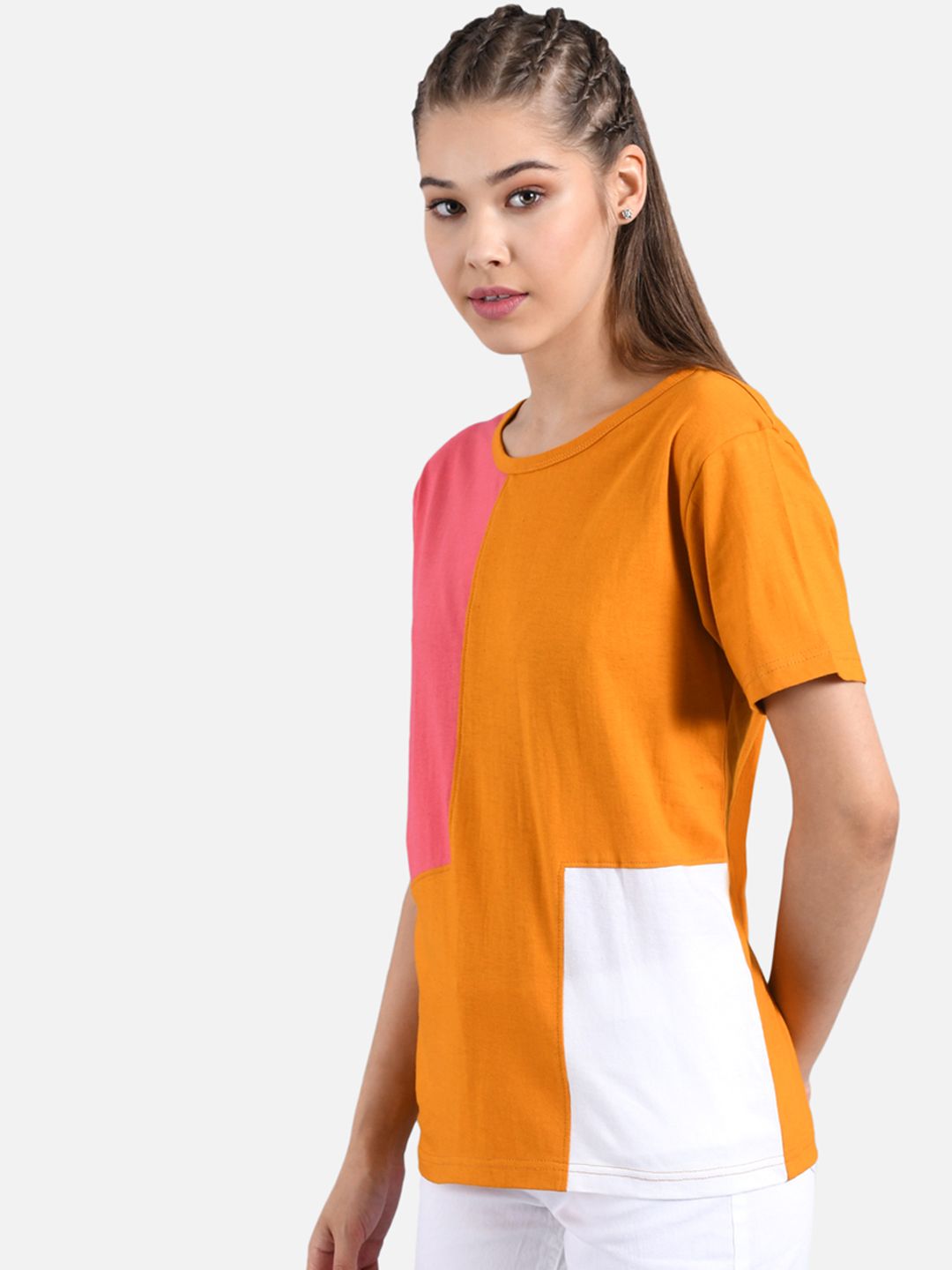 Kotty Women Orange & Pink Colourblocked Round Neck T-shirt