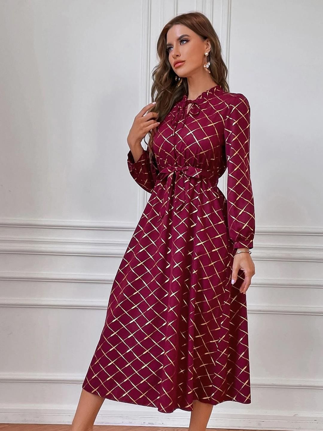 Kotty Maroon Checked Printed Tie-Up Neck Puff Sleeves Fit & Flare Midi Dress