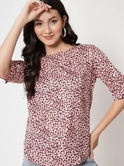 Kotty Round Neck Animal Printed Cuffed Sleeves Top