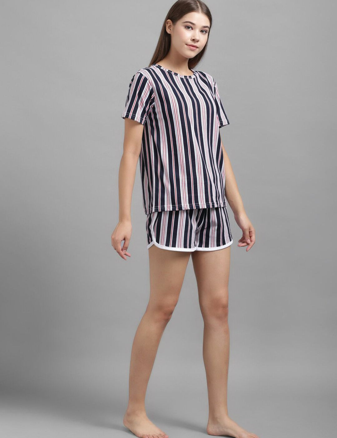 Kotty Women Navy Blue & Pink Striped Night Suit