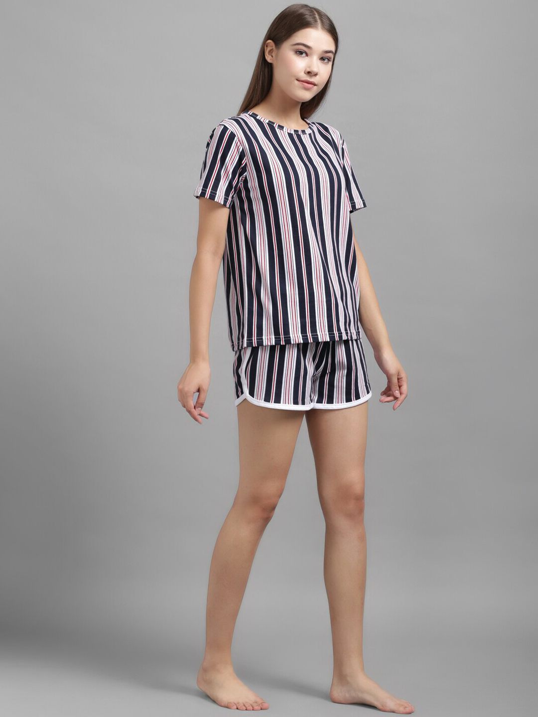 Kotty Women Navy Blue & Pink Striped Night Suit