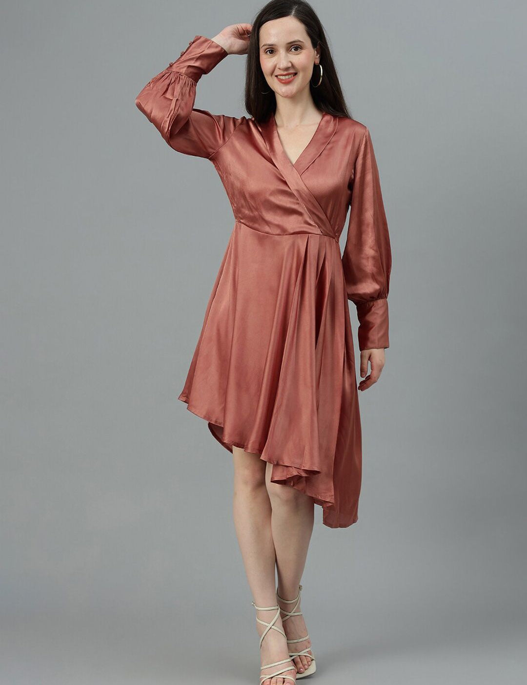 Kotty Copper Toned V Neck Bishop Sleeves Satin Pleated Fit & Flare Dress