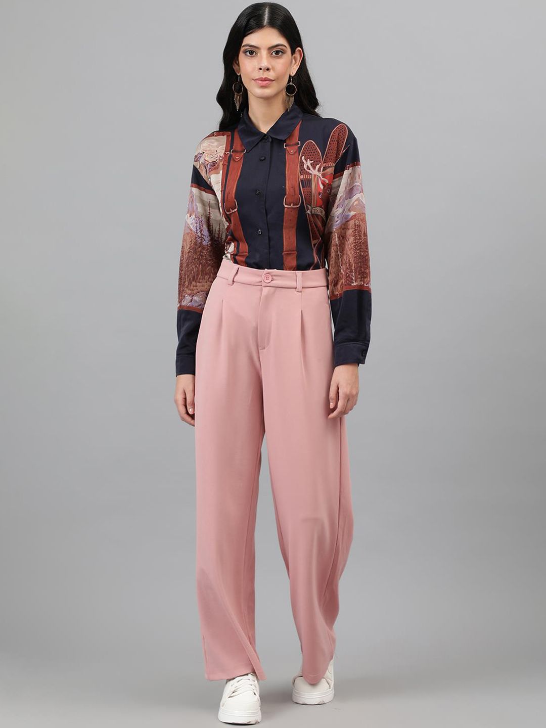 Kotty Women Pink Relaxed Straight Leg Straight Fit High-Rise Easy Wash Pleated Trousers