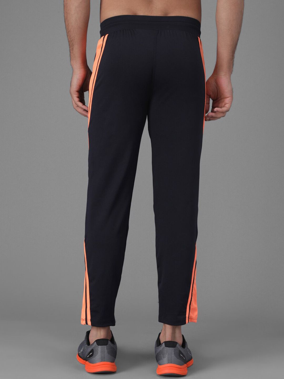 Kotty Men Navy Blue & Orange Striped Slim-Fit Track Pants