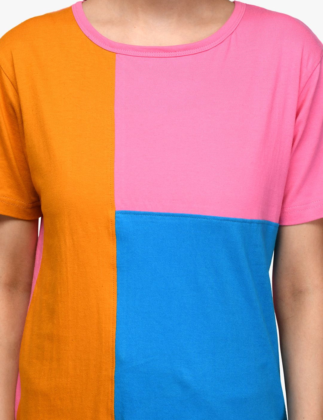 Kotty Women Orange & Blue Colourblocked Round Neck T-shirt