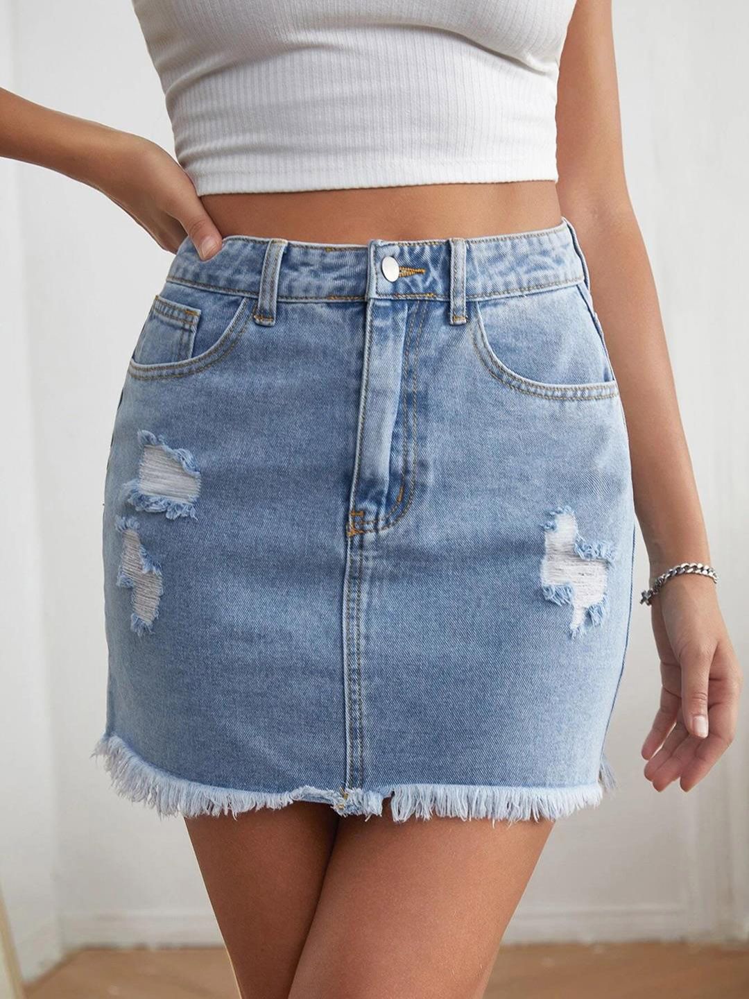 Kotty Denim Fringed Straight Skirt