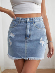Kotty Denim Fringed Straight Skirt