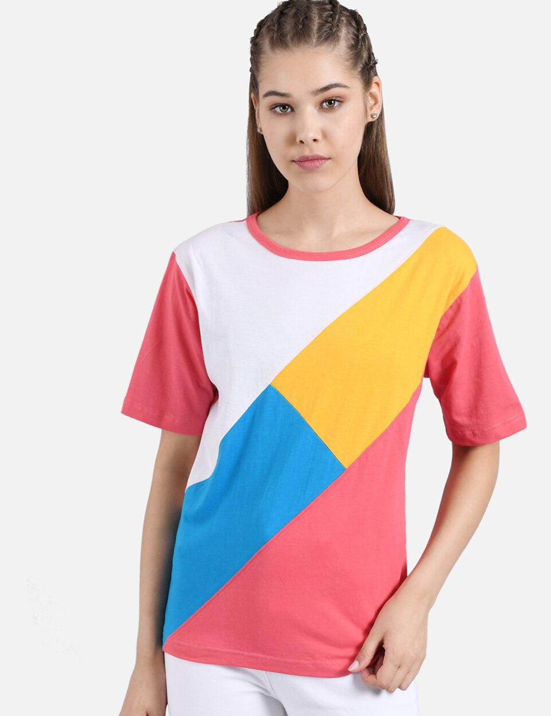 Kotty Women White & Pink Colourblocked Round Neck T-shirt