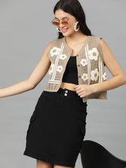 Kotty Floral Self Design Crochet V-Neck Crop Top