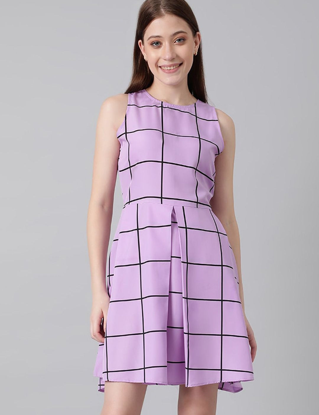 Kotty Purple & Black Checked Fit & Flare Dress