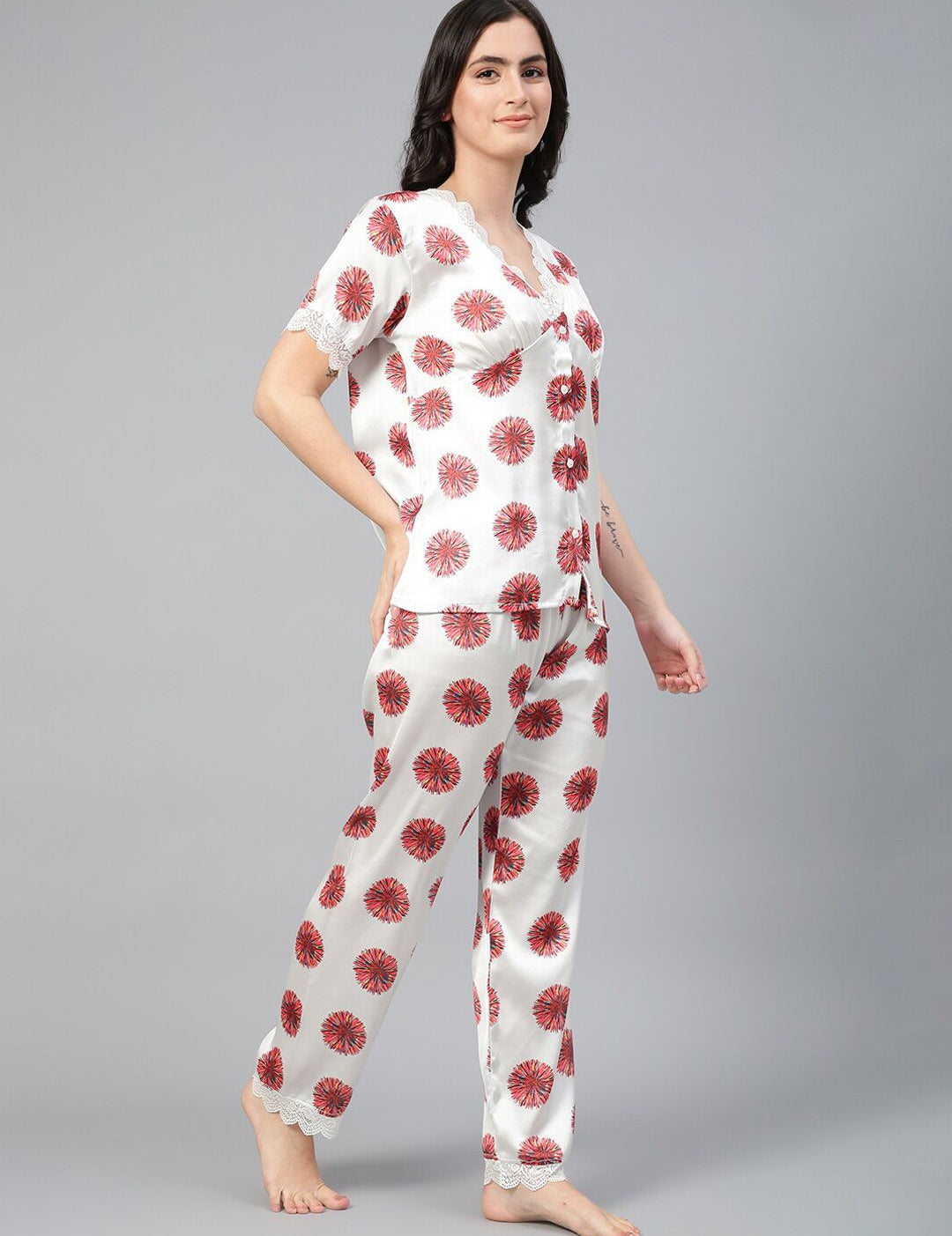 Kotty White & Red Floral Printed Satin Night Suit