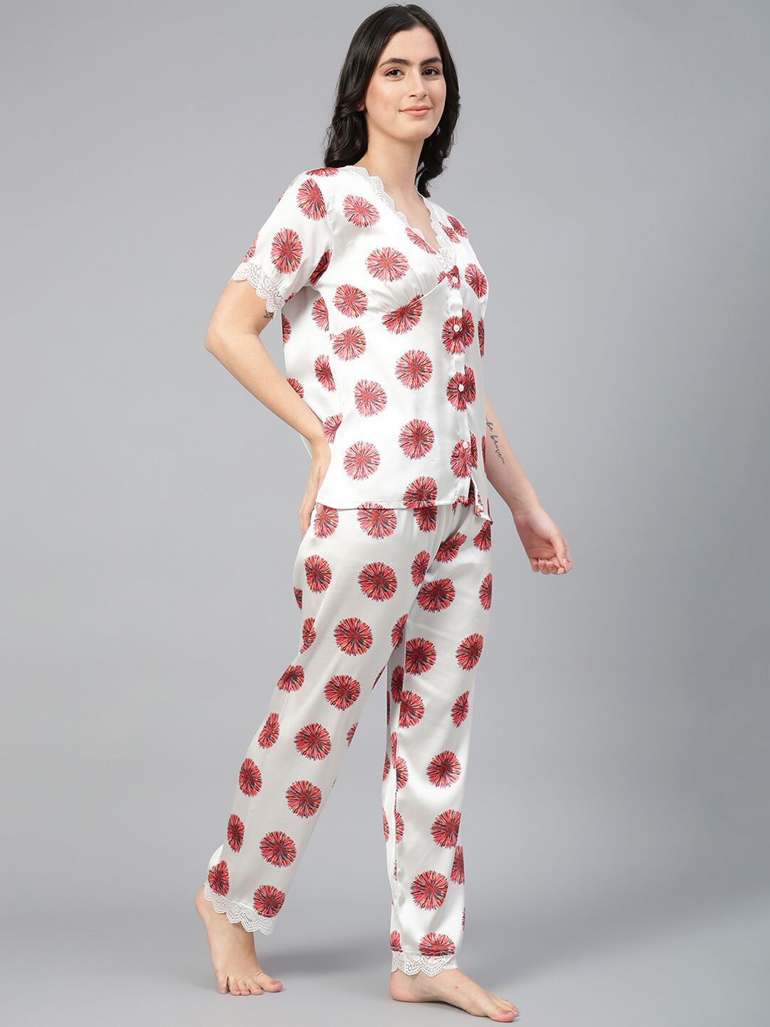 Kotty White & Red Floral Printed Satin Night Suit