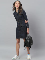 Kotty Women Blue Solid Denim Shirt Dress & Belt