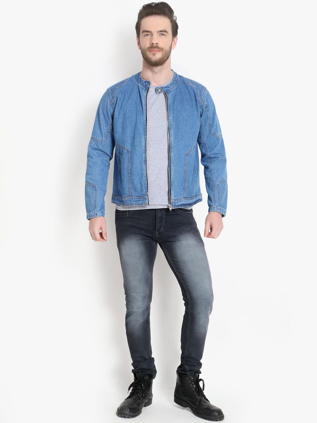 Kotty Men Blue Printed Biker Jacket