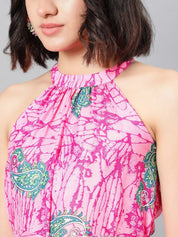 Kotty Pink Ethnic Motif Printed Tiered Fit & Flare Midi Dress With Belt