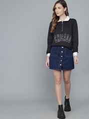 Kotty Women Black Printed Mock Collar Sweatshirt