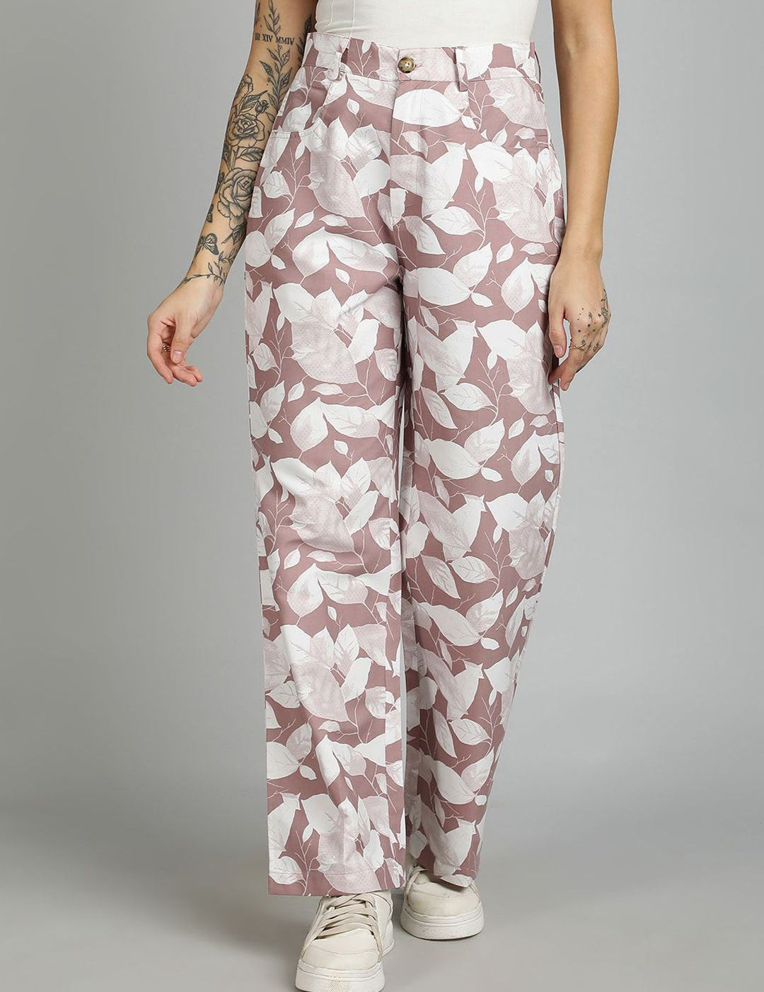 Kotty Women Cotton Floral Printed Straight Fit High-Rise Easy Wash Trousers