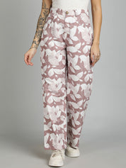 Kotty Women Cotton Floral Printed Straight Fit High-Rise Easy Wash Trousers