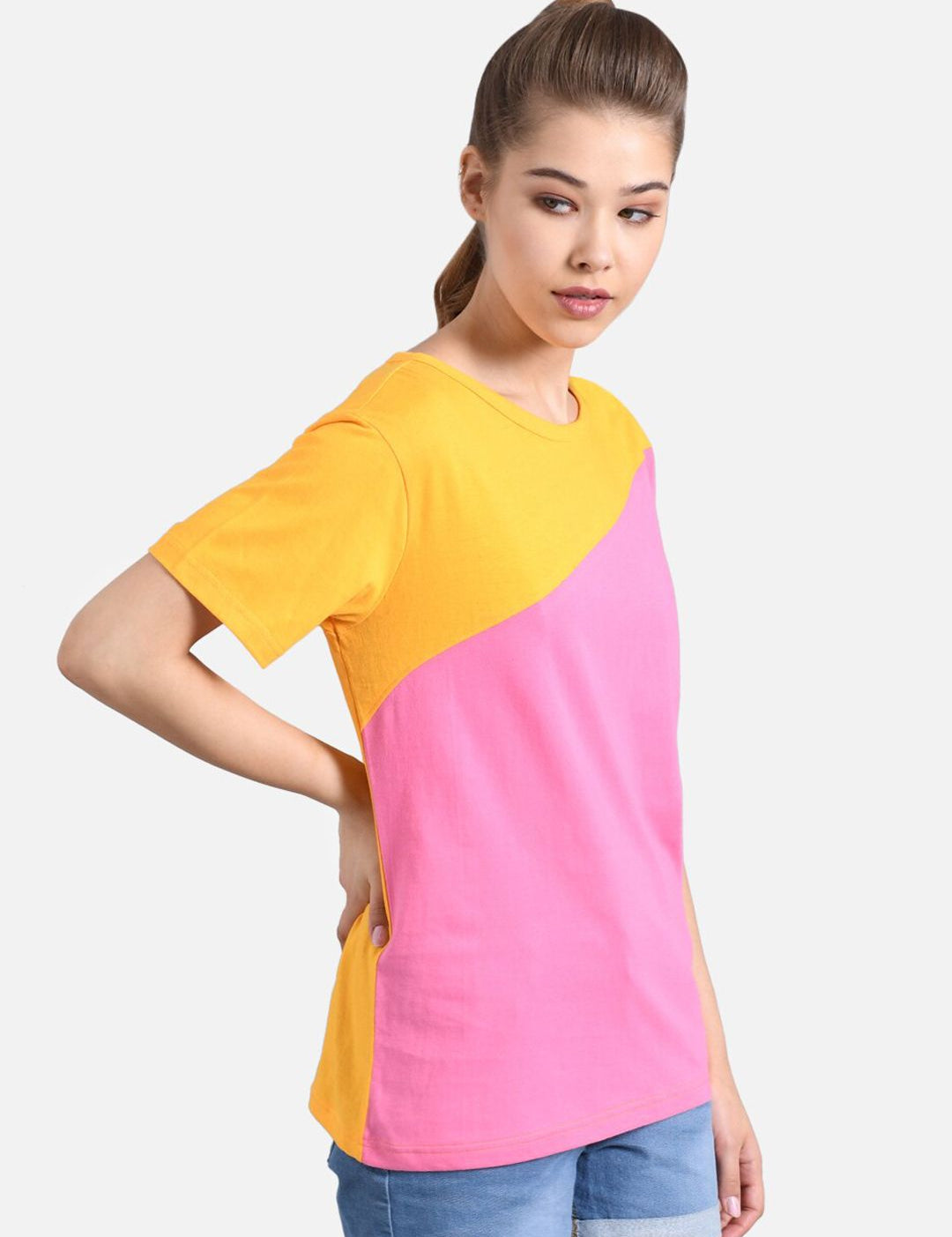 Kotty Women Pink & Mustard Yellow Colourblocked Round Neck T-shirt