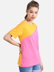 Kotty Women Pink & Mustard Yellow Colourblocked Round Neck T-shirt