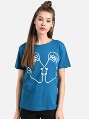 Kotty Women Blue Printed Round Neck T-shirt