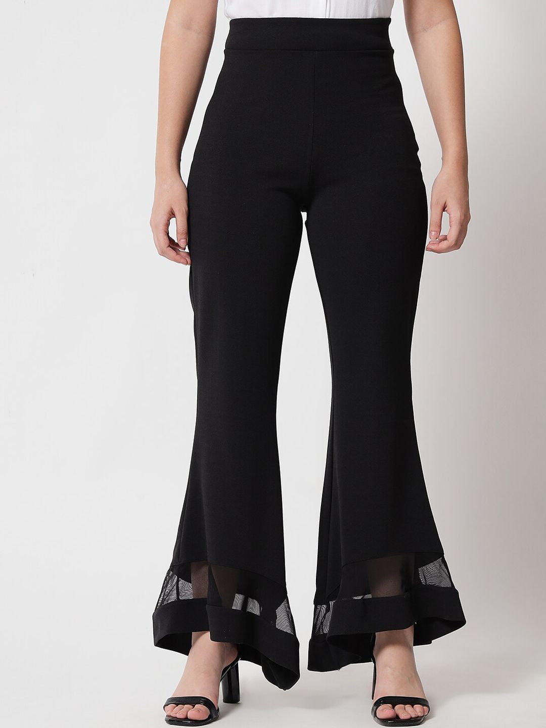 Kotty Women Black Relaxed Flared High-Rise Easy Wash Trousers