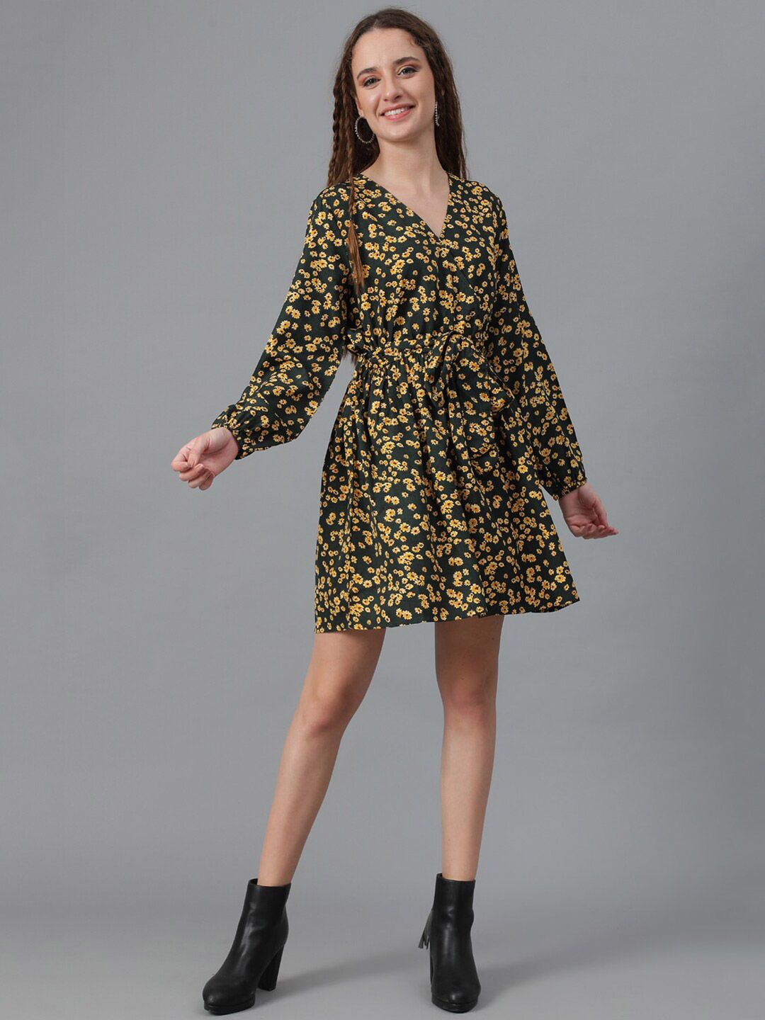 Kotty Olive Green Floral Print Puff Sleeve Fit & Flare Dress
