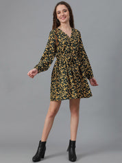 Kotty Olive Green Floral Print Puff Sleeve Fit & Flare Dress
