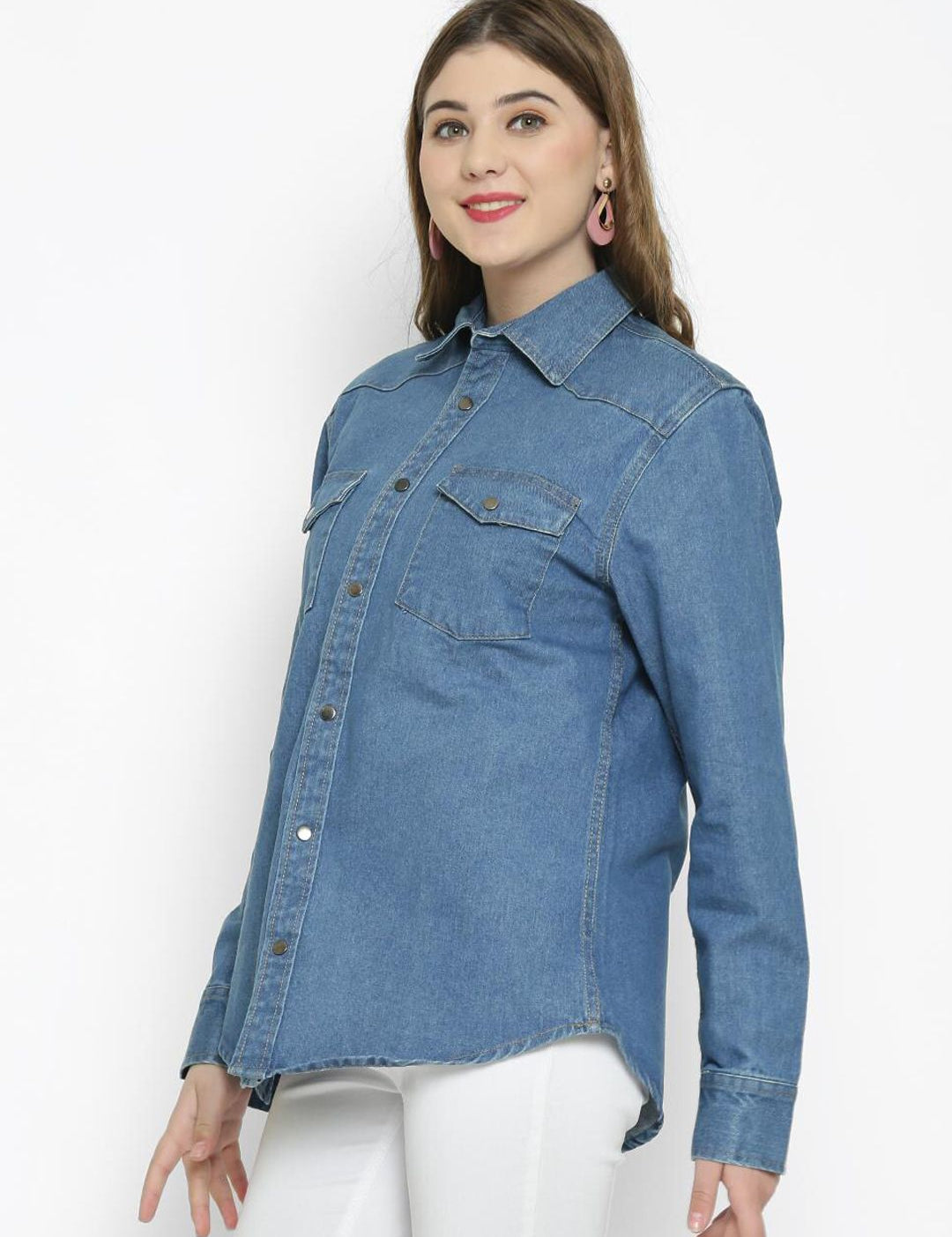 Kotty Women Blue Regular Fit Solid Denim Casual Shirt
