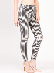 Kotty Women White and Black Striped Skinny Fit High-Rise Distress Jeans
