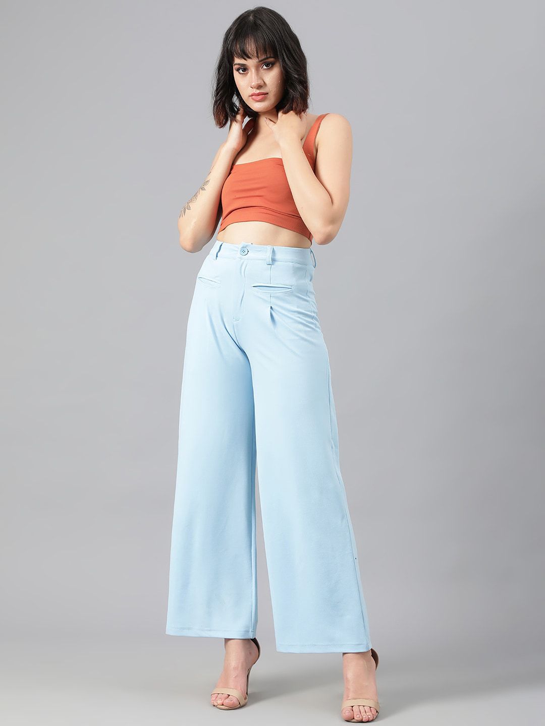 Kotty Women Blue Relaxed Straight Leg Fit High-Rise Easy Wash Parallel Trousers
