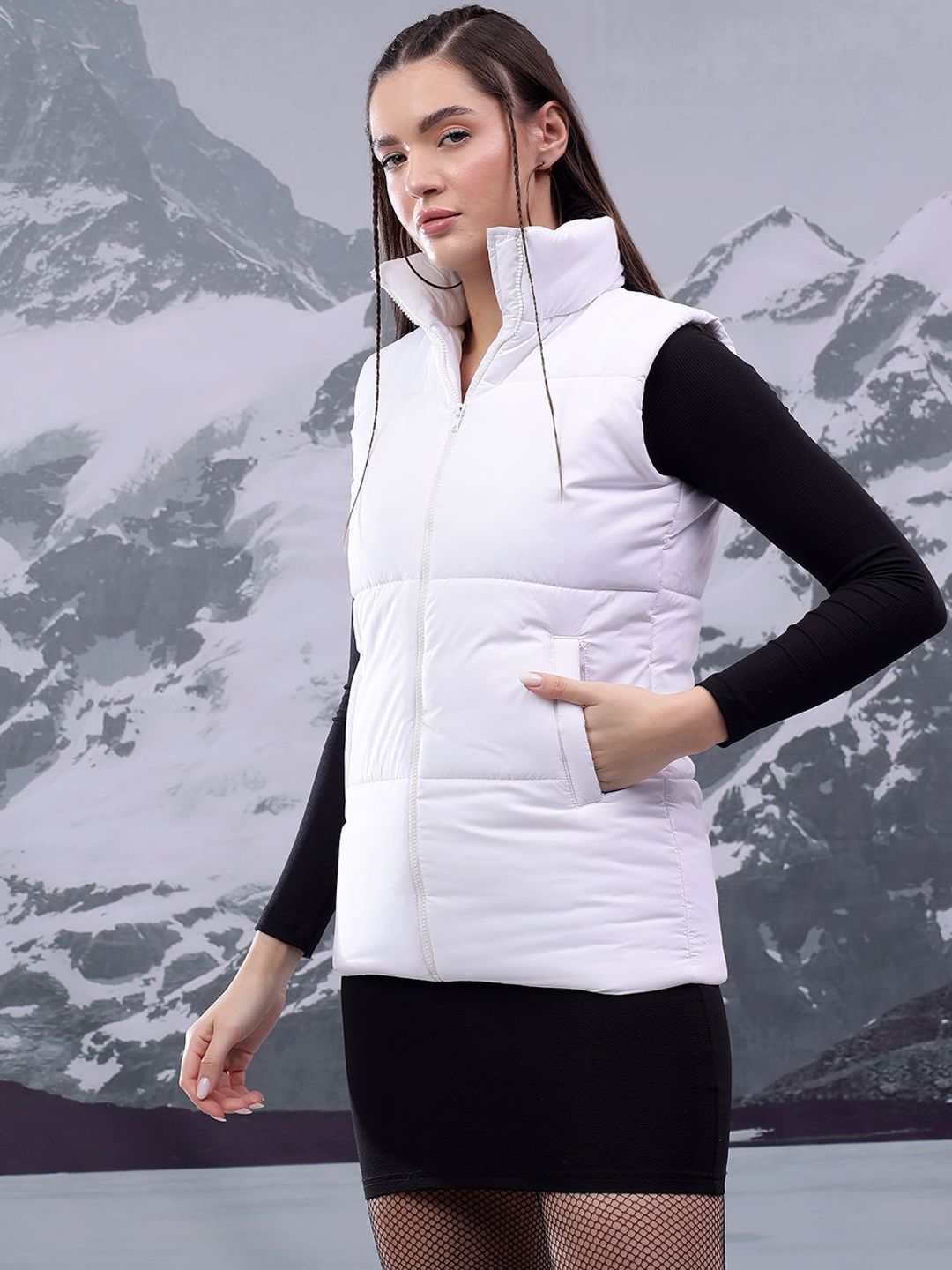 Kotty Women Mock Collar Solid Casual Puffer Insulator Jacket