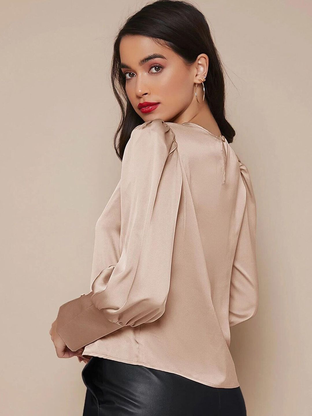 KOTTY BIZwear Beige Puff Sleeves Satin Top